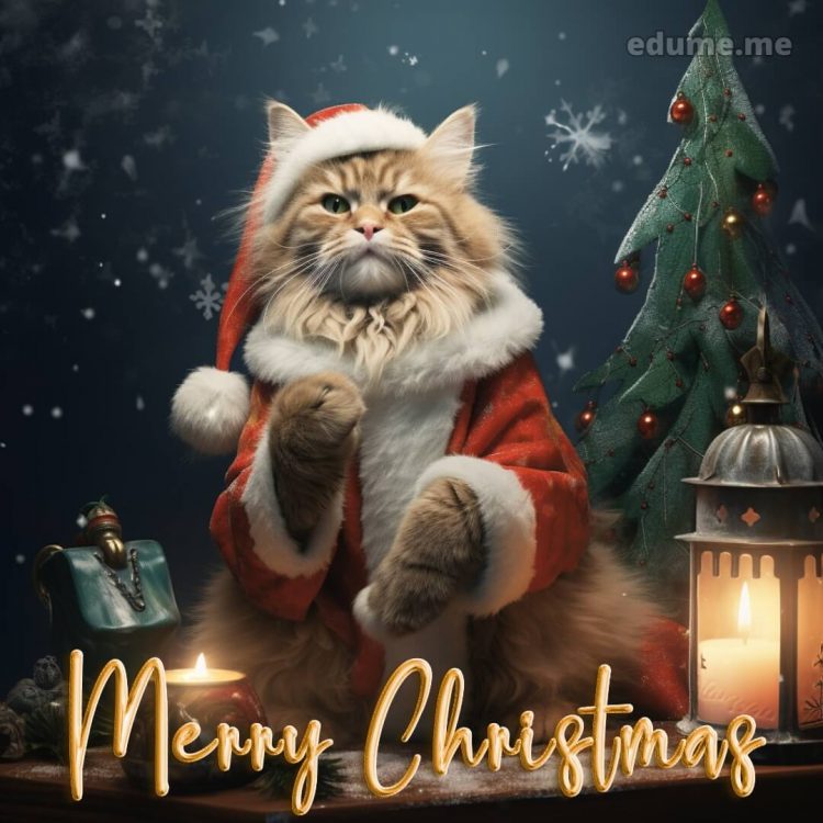 Cat Christmas cards picture cat Santa Claus gratis