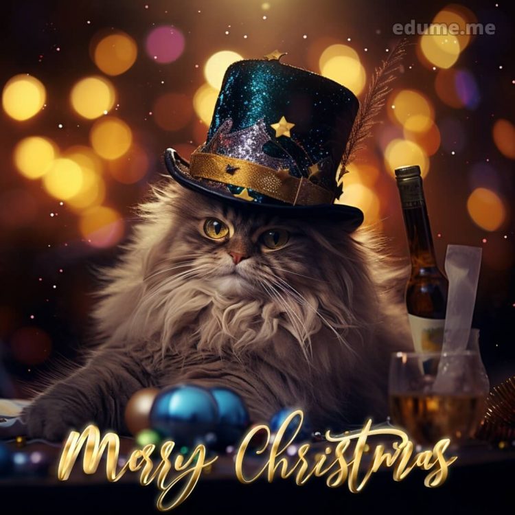 Cat Christmas cards picture cat with a glass gratis