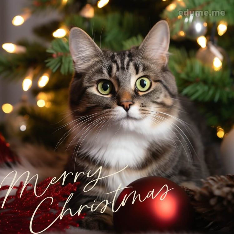 Cat Christmas cards picture red ball gratis