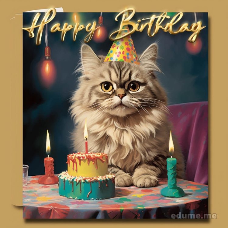 Funny cat Birthday cards picture cat at the table gratis